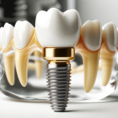  Image of a dental implant with an implant retained crown and adjacent teeth with their root embedded in clear and transparent jaw